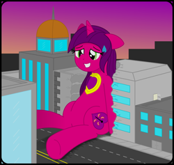 Size: 1484x1404 | Tagged: safe, artist:speedy526745, imported from derpibooru, oc, oc only, unicorn, accident, crush fetish, crushing, destruction, falling, fetish, grin, heart, horn, macro, macro/micro, micro, nervous, nervous grin, sitting, slipping, smiling, solo, sweat, sweatdrop, unicorn oc