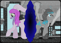 Size: 2716x1939 | Tagged: safe, artist:speedy526745, imported from derpibooru, oc, oc only, oc:gabby, oc:orchid, kaiju, kaiju pony, monster pony, pony, blue eyes, city, cityscape, cracking, destruction, duo, dyed mane, fanfic, fanfic art, fanfic cover, giant pony, green eyes, hoofprints, looking down, macro, macro/micro, micro, nervous, pink mane, portal, rain, scared, sharp teeth, side view, smoke, teeth, worried