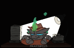 Size: 698x454 | Tagged: safe, artist:frazy, imported from derpibooru, oc, oc only, oc:closed case, changeling, pony, animated, black background, changeling oc, clothes, desk, gif, glowing, glowing horn, hat, horn, levitation, light, loop, magic, male, paper, paperwork, simple background, solo, telekinesis