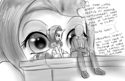 Size: 1364x891 | Tagged: safe, artist:alloyrabbit, imported from derpibooru, fluttershy, rarity, sunset shimmer, oc, oc:anon, pony, clothes, eye, eyes, looking at each other, looking at someone, macro, macro/micro, micro, oblivious, sitting, spy, suit, talking, tiny, tiny ponies, wide eyes