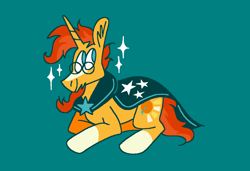 Size: 1316x900 | Tagged: safe, artist:msponies, imported from derpibooru, sunburst, pony, unicorn, cloak, clothes, coat markings, g4, glasses, lying down, male, ms paint, prone, requested art, simple background, smiling, socks (coat markings), solo, sparkles, stallion, sunburst's cloak, teal background