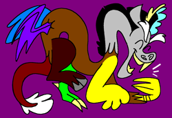 Size: 1316x900 | Tagged: safe, artist:msponies, imported from derpibooru, discord, draconequus, claws, eyes closed, g4, horns, laughing, male, ms paint, open mouth, open smile, purple background, requested art, simple background, smiling, solo, spread wings, tail, wings