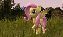 Size: 2434x1440 | Tagged: safe, artist:fluttershykitten, imported from derpibooru, fluttershy, butterfly, pegasus, pony, 3d, female, grass, mare, source filmmaker