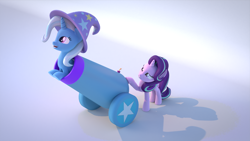 Size: 1920x1080 | Tagged: safe, artist:spreadwing454, imported from derpibooru, starlight glimmer, trixie, pony, unicorn, 3d, blender, cannon, duo, duo female, female, mare, pony cannonball