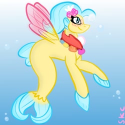 Size: 350x350 | Tagged: safe, artist:sugarkittycat04, imported from derpibooru, princess skystar, seapony (g4), my little pony: the movie, bubble, dorsal fin, female, fin, fins, fish tail, flower, flower in hair, flowing mane, flowing tail, gradient background, jewelry, mare, necklace, ocean, pearl necklace, smiling, solo, swimming, tail, underwater, water