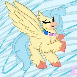 Size: 1000x1000 | Tagged: safe, artist:sugarkittycat04, imported from derpibooru, princess skystar, hippogriff, my little pony: the movie, cloven hooves, female, looking at you, mare, one eye closed, open mouth, solo, talons, wings, wink, winking at you
