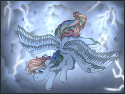 Size: 1280x960 | Tagged: safe, artist:binibean, imported from derpibooru, rainbow dash, pegasus, pony, female, flying, lightning, looking at you, mare, smiling, smiling at you, solo, spread wings, storm, wings