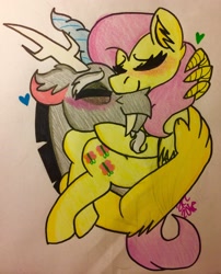 Size: 2266x2811 | Tagged: safe, artist:sugarkittycat04, imported from derpibooru, discord, fluttershy, draconequus, pegasus, pony, blushing, discoshy, duo, eyes closed, female, heart, holding a pony, horns, hug, interspecies, male, shipping, straight, traditional art
