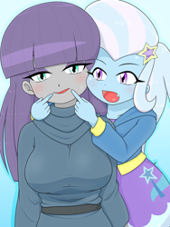 Size: 1668x2224 | Tagged: safe, artist:batipin, imported from derpibooru, maud pie, trixie, human, equestria girls, breasts, busty maud pie, duo, duo female, female, forced smile, open mouth, simple background, smiling, when she smiles