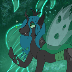 Size: 2048x2048 | Tagged: safe, artist:candy breeze, imported from derpibooru, queen chrysalis, changeling, crown, female, hive, horn, jewelry, looking forward, mare, raised hoof, regalia, simple background, smiling, wings