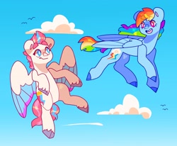 Size: 4096x3382 | Tagged: safe, artist:cocopudu, imported from derpibooru, rainbow dash, zipp storm, pegasus, pony, cloven hooves, duo, flying, g5, sky background