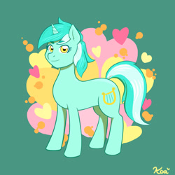 Size: 1024x1024 | Tagged: safe, artist:koapony, imported from derpibooru, lyra heartstrings, pony, unicorn, abstract background, green background, heart, simple background, solo