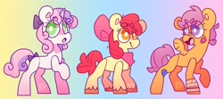 Size: 4096x1822 | Tagged: safe, artist:cocopudu, imported from derpibooru, apple bloom, scootaloo, sweetie belle, oc, oc only, earth pony, pegasus, pony, unicorn, bandage, bandaid, bow, cutie mark crusaders, hair bow, tail, tail bow, trio, white pupils