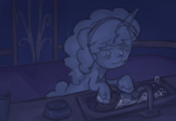 Size: 1019x701 | Tagged: safe, anonymous artist, imported from derpibooru, pony, unicorn, series:misty pov, bruised, dishes, g5, misty brightdawn, misty can't catch a break, sink, tired, washing