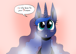 Size: 1280x910 | Tagged: safe, artist:darkhestur, derpibooru exclusive, imported from derpibooru, princess luna, pony, april fools 2023, digitally colored, looking at you, mixed media, solo, speech bubble, traditional art