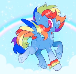 Size: 2048x1998 | Tagged: safe, artist:alexbeeza, imported from derpibooru, oc, oc only, pegasus, pony, colored wings, eyebrow piercing, multicolored hair, multicolored wings, nose piercing, nose ring, piercing, rainbow hair, rainbow tail, rainbow wings, solo, tail, wings