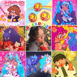 Size: 2048x2048 | Tagged: safe, artist:alexbeeza, imported from derpibooru, fluttershy, izzy moonbow, princess celestia, princess luna, sunny starscout, alicorn, human, pegasus, pony, unicorn, anime, art vs artist, cardcaptor sakura, g5, hatsune miku, sakura kinomoto, vocaloid