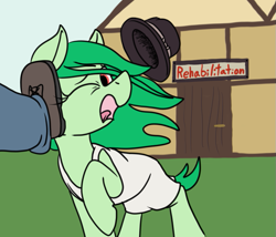 Size: 727x623 | Tagged: safe, anonymous artist, imported from derpibooru, earth pony, pony, boots, clothes, duo, grass, house, kicking, one eye closed, open mouth, outdoors, pants, shoes