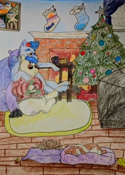 Size: 2804x3915 | Tagged: safe, artist:onyxdr, imported from derpibooru, oc, oc only, oc:dawn chaser, oc:onyx, cat, dog, beanbag chair, chocolate, christmas, christmas tree, clothes, fire, fireplace, food, gay, holiday, hot chocolate, male, pets, photo, pillow, rug, snow, stockings, sweater, television, thigh highs, traditional art, tree