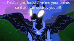 Size: 1280x719 | Tagged: safe, imported from derpibooru, screencap, nightmare moon, alicorn, pony, derpibooru, caption, image macro, meta, solo, text