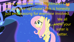 Size: 1280x720 | Tagged: safe, edit, edited screencap, imported from derpibooru, screencap, fluttershy, nightmare moon, alicorn, pegasus, pony, derpibooru, friendship is magic, caption, image macro, meta, mouthpiece, slander, text