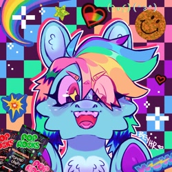 Size: 950x950 | Tagged: safe, artist:beyhr, imported from derpibooru, rainbow dash, pegasus, pony, checkered background, pop rocks, smiley face, solo