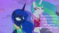 Size: 1280x720 | Tagged: safe, imported from derpibooru, screencap, princess celestia, princess luna, alicorn, pony, derpibooru, caption, image macro, meta, text