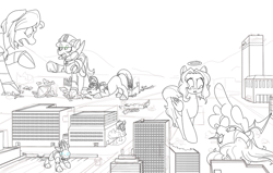 Size: 800x509 | Tagged: artist needed, safe, imported from derpibooru, oc, oc only, oc:alloyrabbit, oc:orchid, oc:p.o.n.e., oc:saltlick, oc:sugarcube, oc:ultramare, kaiju, kaiju pony, pony, rabbit, robot, robot pony, angry, animal, argument, city, crush fetish, crushing, destruction, discussion, fetish, grayscale, green eyes, looking at someone, looking down, lying down, macro, macro/micro, micro, monochrome, open mouth, prone