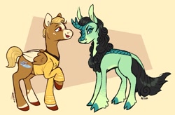 Size: 1877x1229 | Tagged: safe, artist:beyhr, imported from derpibooru, oc, oc only, earth pony, kirin, pony, clothes, cloven hooves, duo, james t kirk, ponified, spock, star trek, uniform