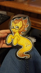 Size: 5312x2988 | Tagged: safe, artist:inkkeystudios, imported from derpibooru, oc, oc only, pony, seapony (g4), unicorn, badge, glasses, lidded eyes, looking at you, open mouth, open smile, photo, smiling, solo, traditional art