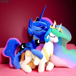 Size: 3072x3072 | Tagged: safe, imported from derpibooru, princess celestia, princess luna, alicorn, pony, ai content, ai generated, collar, eyes closed, female, generator:purplesmart.ai, generator:stable diffusion, incest, jewelry, kissing, lesbian, plushie, princest, regalia, royal sisters, shipping, siblings, sisters