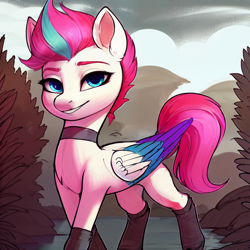 Size: 1024x1024 | Tagged: safe, imported from derpibooru, zipp storm, pegasus, pony, ai content, ai generated, choker, clothes, female, g5, generator:pony diffusion v4, generator:stable diffusion, lidded eyes, looking at you, mare, prompter:siber, scenery, smiling, smiling at you, socks, solo