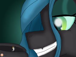 Size: 1024x760 | Tagged: safe, artist:vanillabeam, imported from derpibooru, queen chrysalis, oc, oc:vanilla beam, pony, canon x oc, duo, frog (hoof), green eyes, grin, in goliath's palm, looking at someone, looking up, macro, macro/micro, micro, size difference, smiling, tiny, tiny ponies, underhoof
