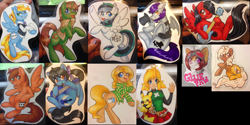 Size: 4420x2217 | Tagged: safe, artist:inkkeystudios, imported from derpibooru, oc, oc only, bat pony, earth pony, food pony, human, pikachu, pony, unicorn, badge, bow, bowtie, clothes, flannel shirt, food, freckles, furry, glasses, goggles, goggles on head, grin, guitar, hair bow, hat, lidded eyes, looking at you, mouth hold, musical instrument, one eye closed, photo, pokémon, ponified, raspberry, shirt, smiling, spread wings, tongue out, top hat, traditional art, vest, waving, wings, wink