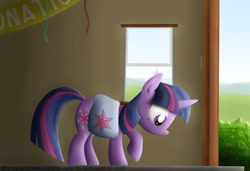 Size: 1024x702 | Tagged: safe, artist:jarwall, imported from derpibooru, twilight sparkle, pony, unicorn, bag, bush, crying, door, female, house, looking down, mare, purple eyes, saddle bag, smiling, solo, unicorn twilight