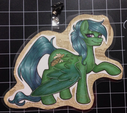 Size: 1030x915 | Tagged: safe, artist:inkkeystudios, imported from derpibooru, oc, oc only, pony, badge, lidded eyes, looking at you, photo, smiling, solo, spread wings, traditional art, wings