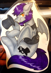 Size: 784x1129 | Tagged: safe, artist:inkkeystudios, imported from derpibooru, oc, oc only, bat pony, pony, badge, beard, clothes, facial hair, grin, hat, looking at you, photo, smiling, solo, spread wings, top hat, traditional art, vest, wings