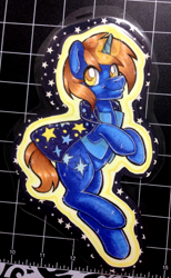 Size: 741x1201 | Tagged: safe, artist:inkkeystudios, imported from derpibooru, oc, oc only, pony, unicorn, badge, cape, clothes, glowing, glowing horn, horn, looking at you, photo, smiling, solo, traditional art, vest