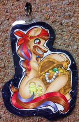 Size: 452x697 | Tagged: safe, artist:inkkeystudios, imported from derpibooru, oc, oc only, earth pony, pony, badge, bandana, beard, ear piercing, earring, facial hair, grin, jewelry, photo, piercing, pirate, smiling, solo, traditional art, treasure chest