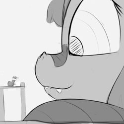 Size: 600x600 | Tagged: artist needed, safe, artist:khorme, imported from derpibooru, oc, oc:orchid, oc:ultramare, pony, clothes, duo, giant pony, grayscale, hat, looking down, macro, macro/micro, micro, monochrome, sharp teeth, smiling, teeth, trenchcoat