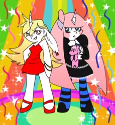 Size: 1621x1766 | Tagged: safe, artist:orcabunnies, imported from derpibooru, oc, oc only, pony, semi-anthro, unicorn, clothes, duo, panty and stocking with garterbelt, plushie, pony plushie, red dress, socks, striped socks