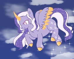 Size: 1280x1024 | Tagged: safe, artist:orcabunnies, imported from derpibooru, oc, oc only, oc:glimmer, alicorn, pony, alicorn oc, flying, horn, solo, wings