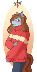 Size: 1264x2464 | Tagged: safe, artist:morgdl, imported from derpibooru, oc, oc:sertpony, anthro, blue coat, blushing, christmas, clothes, denim, holiday, holly, holly mistaken for mistletoe, jeans, jumper, orange mane, pants, simple background, solo, sweater, tail