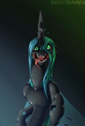 Size: 1850x2750 | Tagged: safe, artist:shido-tara, imported from derpibooru, queen chrysalis, changeling, changeling queen, pony, angry, fangs, glowing, glowing eyes, hissing, looking at you, open mouth, palindrome get, simple background, tongue out
