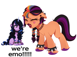 Size: 2058x1513 | Tagged: safe, artist:maren, imported from derpibooru, izzy moonbow, sunny starscout, earth pony, pony, unicorn, emo, fangs, female, g5, goth, goth izzy, goth sunny, mare, meme, simple background, we're emo, white background