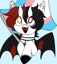 Size: 1500x1700 | Tagged: safe, artist:orcabunnies, imported from derpibooru, oc, oc only, bat pony, pony, :d, flag, open mouth, open smile, pride, pride flag, smiling, solo, transgender pride flag, white pupils