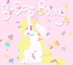 Size: 1808x1600 | Tagged: safe, artist:orcabunnies, imported from derpibooru, oc, oc only, oc:rosey mae, hybrid, original species, pony, unicorn, :p, confetti, curved horn, hat, horn, long ears, party hat, rabbit pony, solo, tongue out