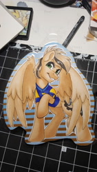 Size: 5312x2988 | Tagged: safe, artist:inkkeystudios, imported from derpibooru, oc, oc only, pegasus, pony, badge, clothes, looking at you, photo, shirt, smiling, solo, spread wings, traditional art, wings