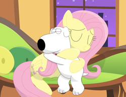 Size: 3559x2742 | Tagged: safe, artist:porygon2z, imported from derpibooru, fluttershy, dog, pegasus, pony, brian griffin, couch, crossover, duo, family guy, hug, indoors, night