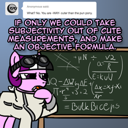 Size: 800x800 | Tagged: safe, artist:thedragenda, imported from derpibooru, oc, oc:ace, earth pony, pony, ask-acepony, chalkboard, female, goggles, mare, solo